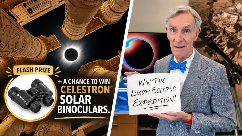 Flash prize: a chance to win Celestron solar binoculars, beside Bill Nye holding a sign to win the Luxor eclipse expedition
