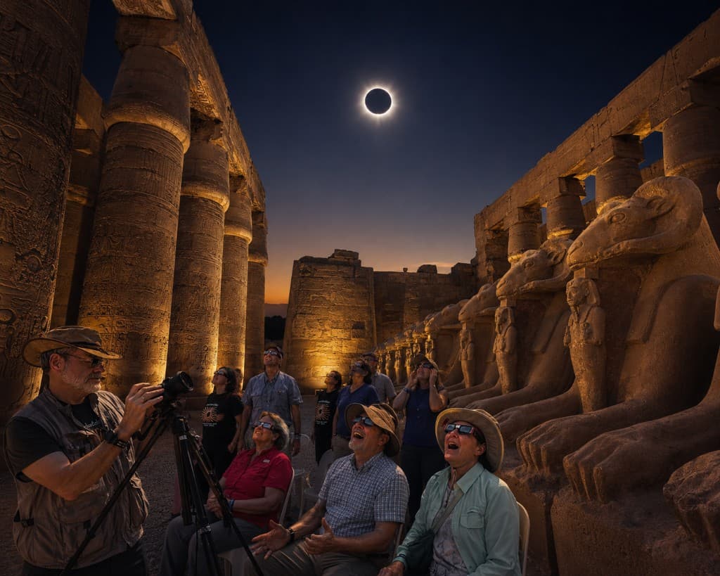 Travelers witnessing a total solar eclipse at an ancient Egyptian temple